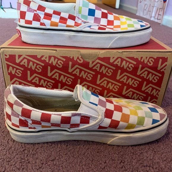 rainbow checkered vans slip ons